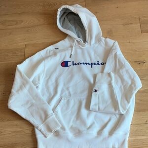 Champion White and Blue Logo Hoodie